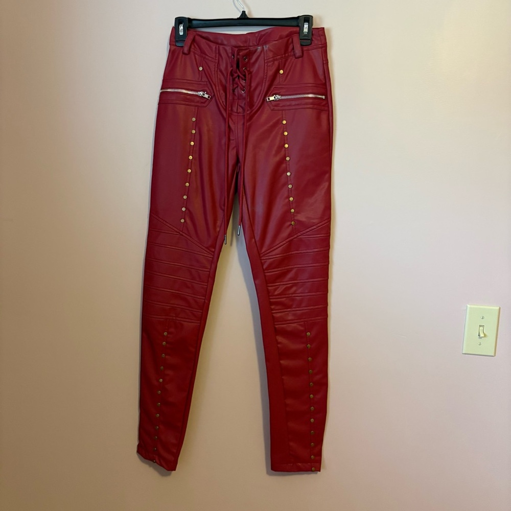 💚Unbranded Red Faux Leather Pants with Gold Studs